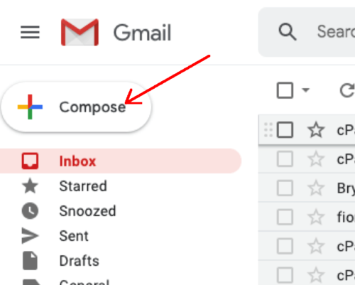 Screenshot of Gmail compose button with arrow