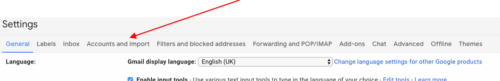 Arrow pointing at Gmail accounts and import tab in settings