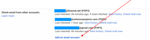 Arrow pointing at add an email account in Gmail settings