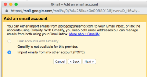 Screenshot of Gmailify not available in Gmail add account