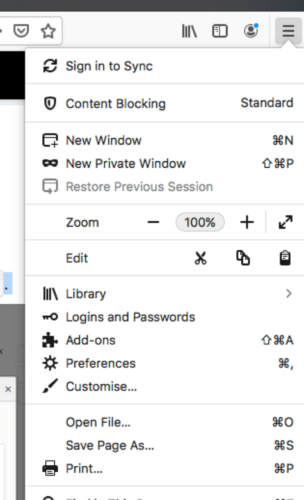 Screenshot showing Firefox options