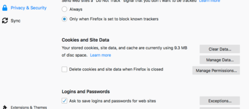 Screenshot showing cookies and site data option