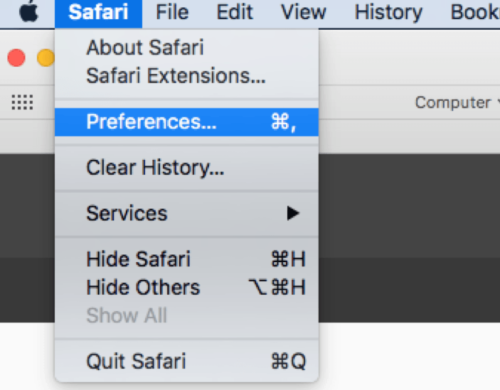 Screenshot of Safari with Preferences highlighted