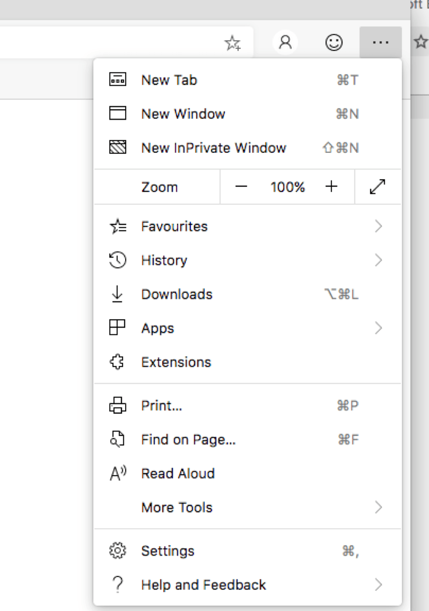 Screenshot showing Microsoft Edge options