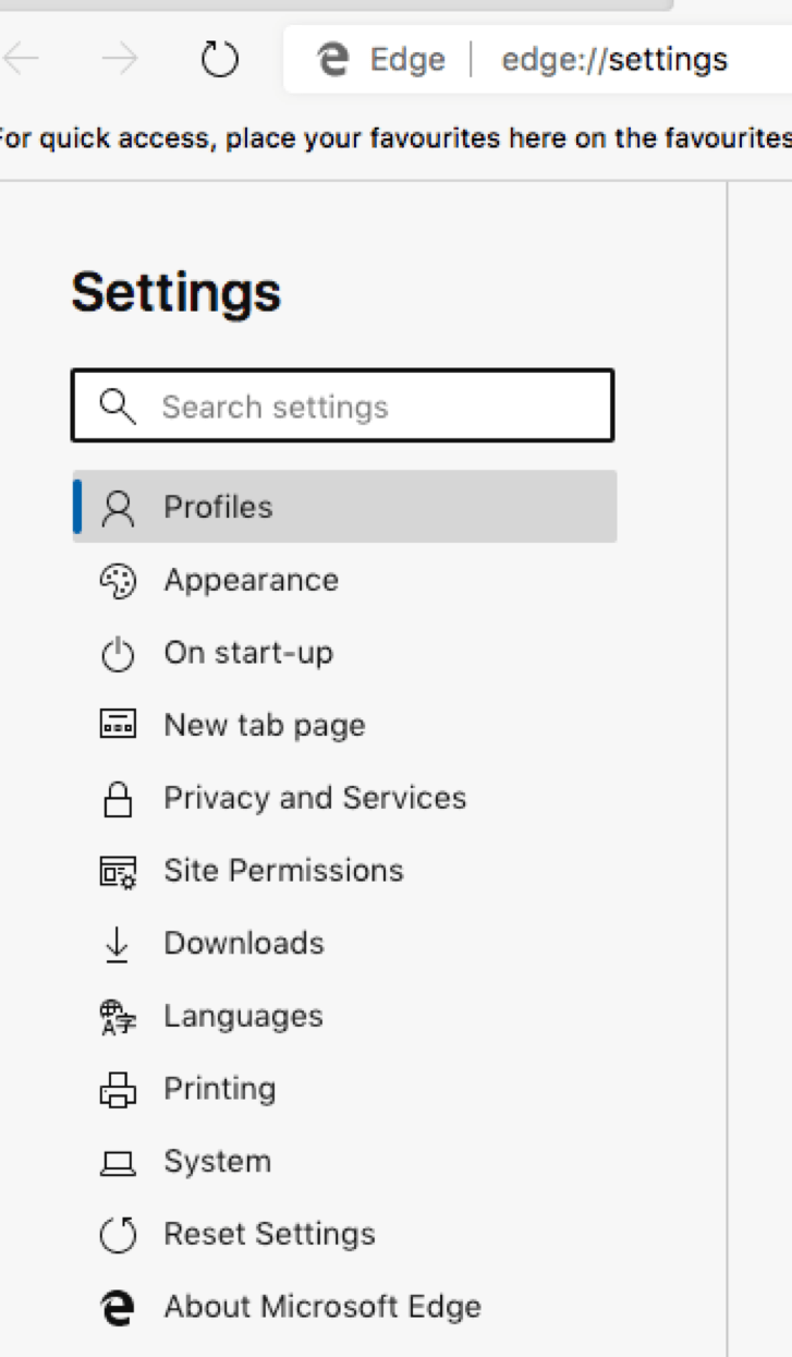 Screenshot showing Privacy and Services options