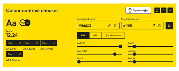 Colour Contrast Checker example showing contrast ratio from Flat White Websites